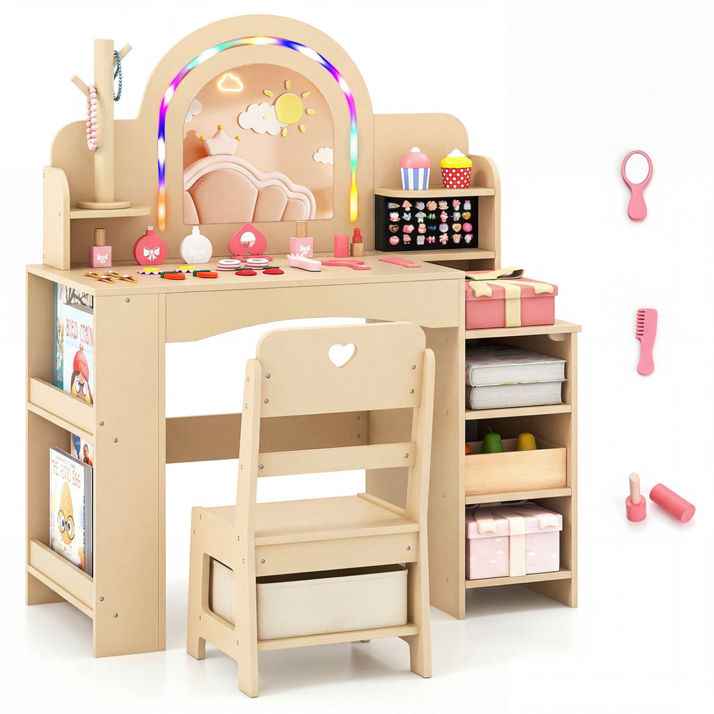 Kids Vanity Set with Colorful LED Lights Princess Makeup Dressing Table & Chair (Arch, Natural)