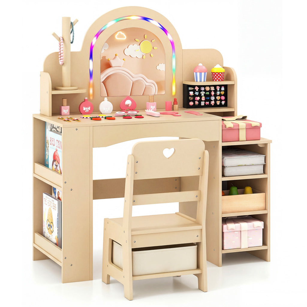 Kids Vanity Set with Colorful LED Lights Princess Makeup Dressing Table & Chair (Arch, Natural)