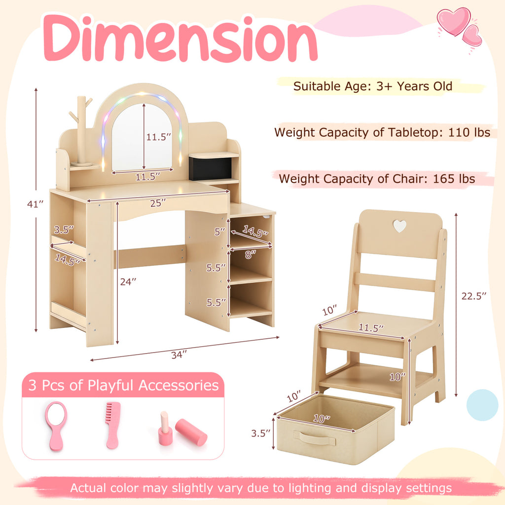 Kids Vanity Set with Colorful LED Lights Princess Makeup Dressing Table & Chair (Arch, Natural)