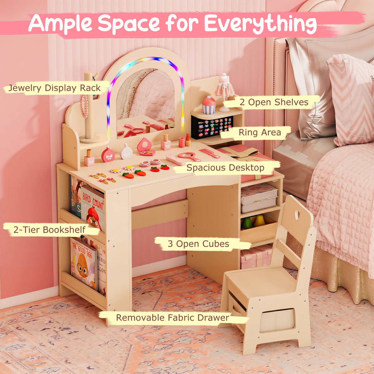 Kids Vanity Set with Colorful LED Lights Princess Makeup Dressing Table & Chair (Arch, Natural)