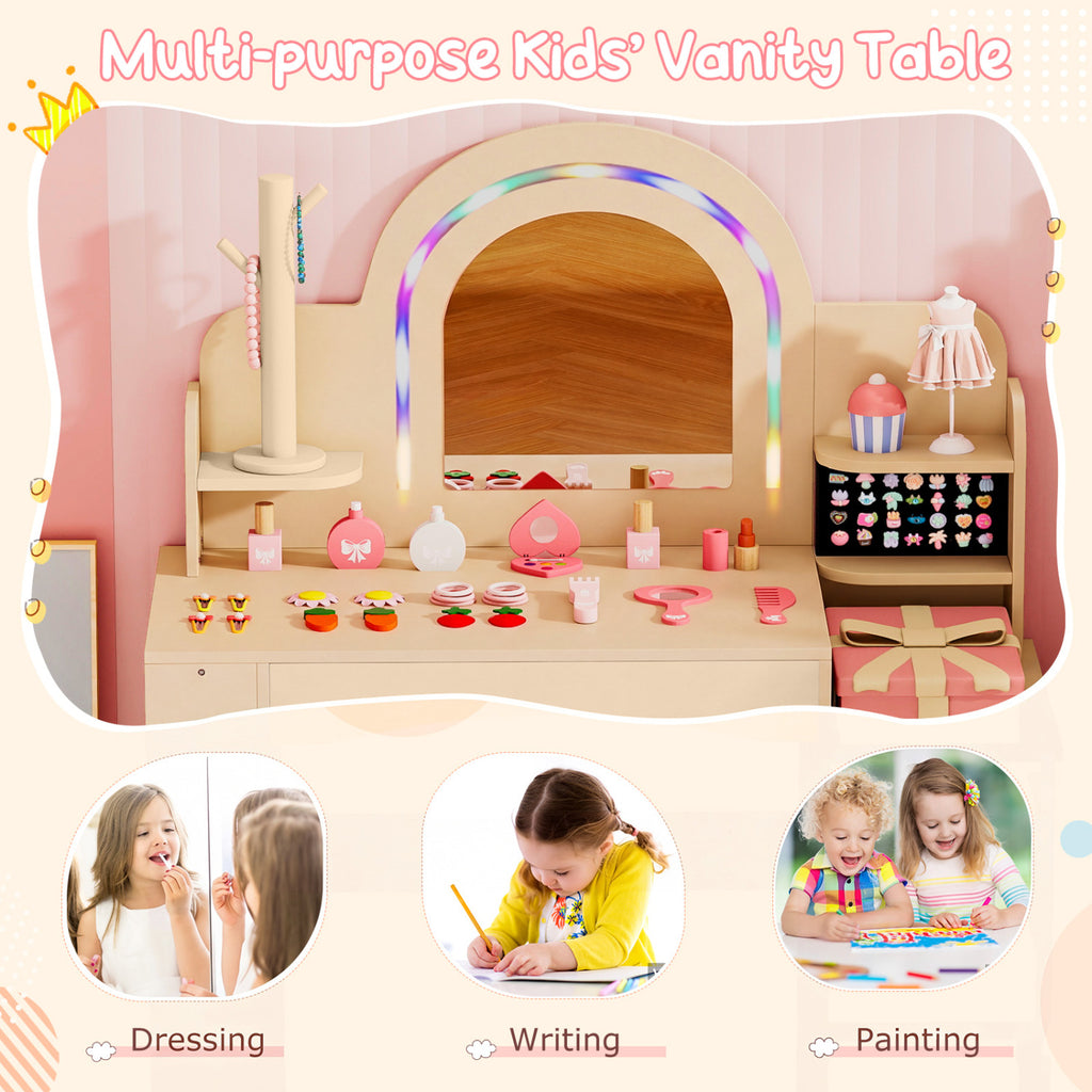 Kids Vanity Set with Colorful LED Lights Princess Makeup Dressing Table & Chair (Arch, Natural)