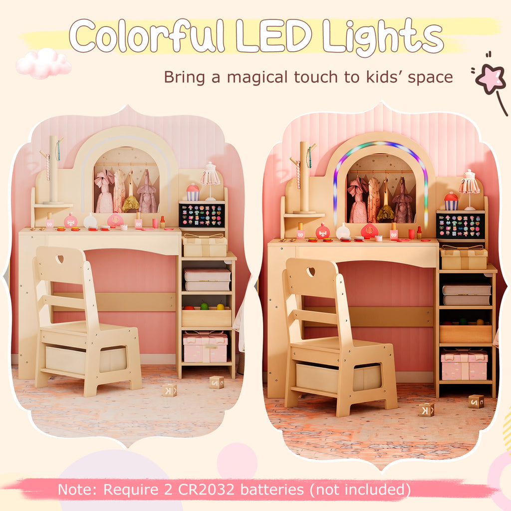 Kids Vanity Set with Colorful LED Lights Princess Makeup Dressing Table & Chair (Arch, Natural)