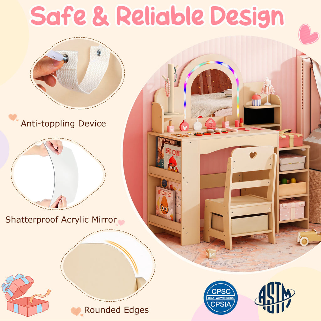 Kids Vanity Set with Colorful LED Lights Princess Makeup Dressing Table & Chair (Arch, Natural)