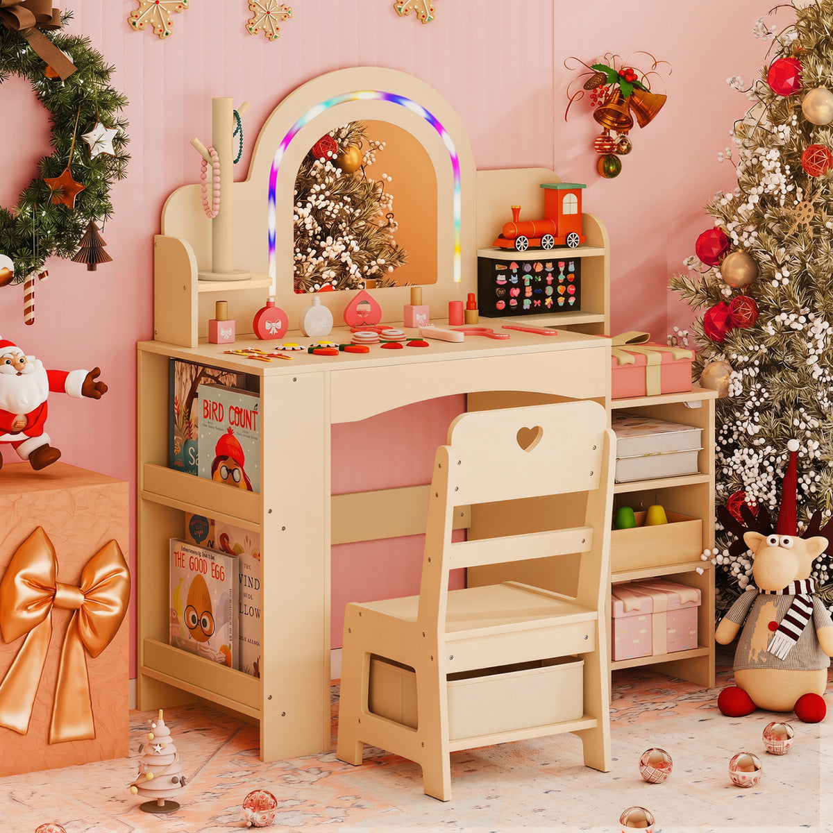 Kids Vanity Set with Colorful LED Lights Princess Makeup Dressing Table & Chair (Arch, Natural)