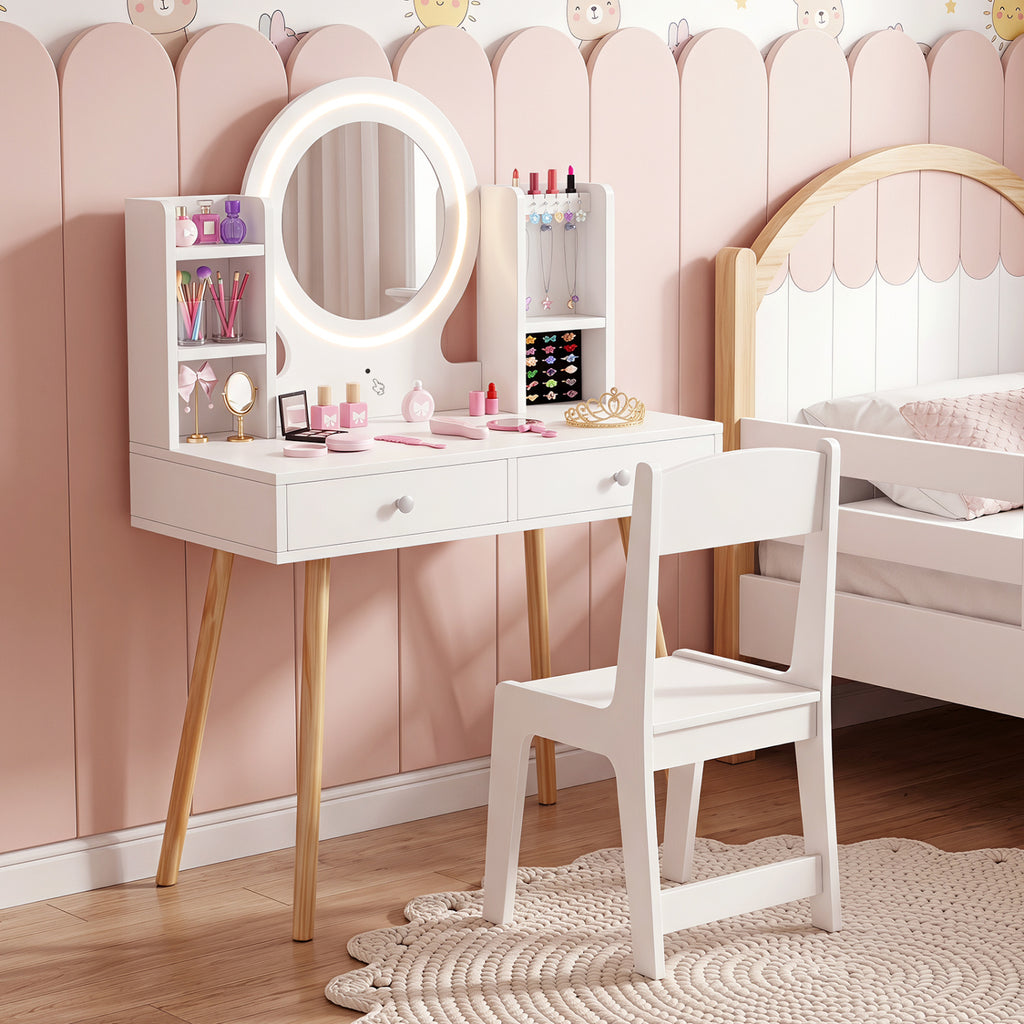 Kids Vanity Set with Lighted Mirror and Storage Drawers - White, Costway