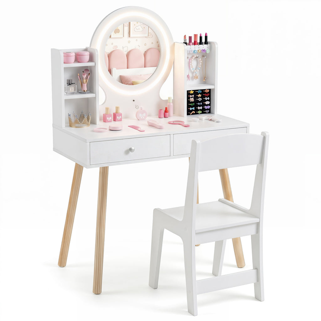 Kids Vanity Set with Lighted Mirror and Storage Drawers - White, Costway