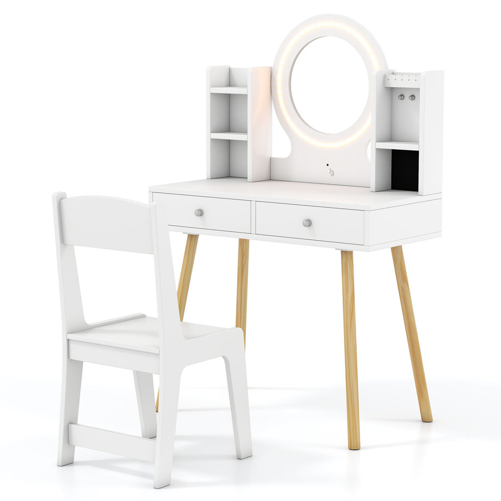 Kids Vanity Set with Lighted Mirror and Storage Drawers - White, Costway