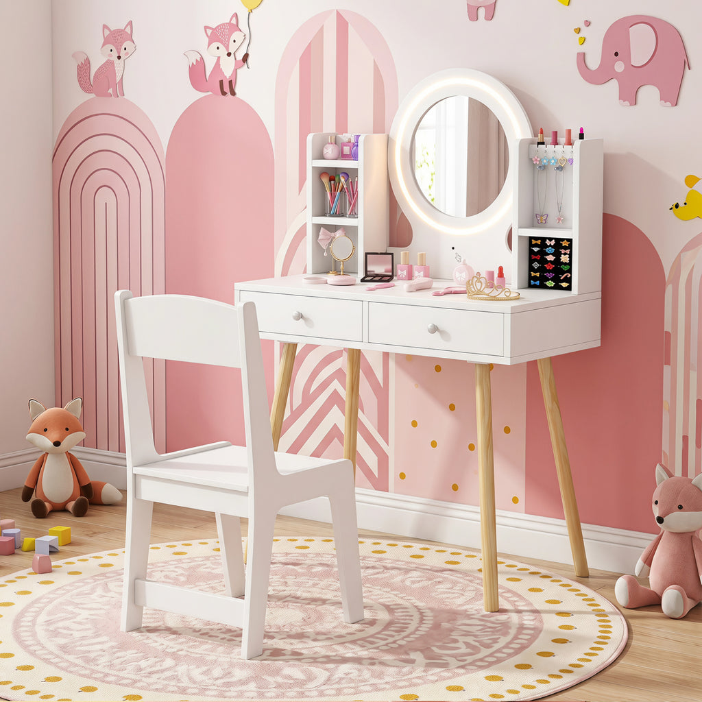 Kids Vanity Set with Lighted Mirror and Storage Drawers - White, Costway