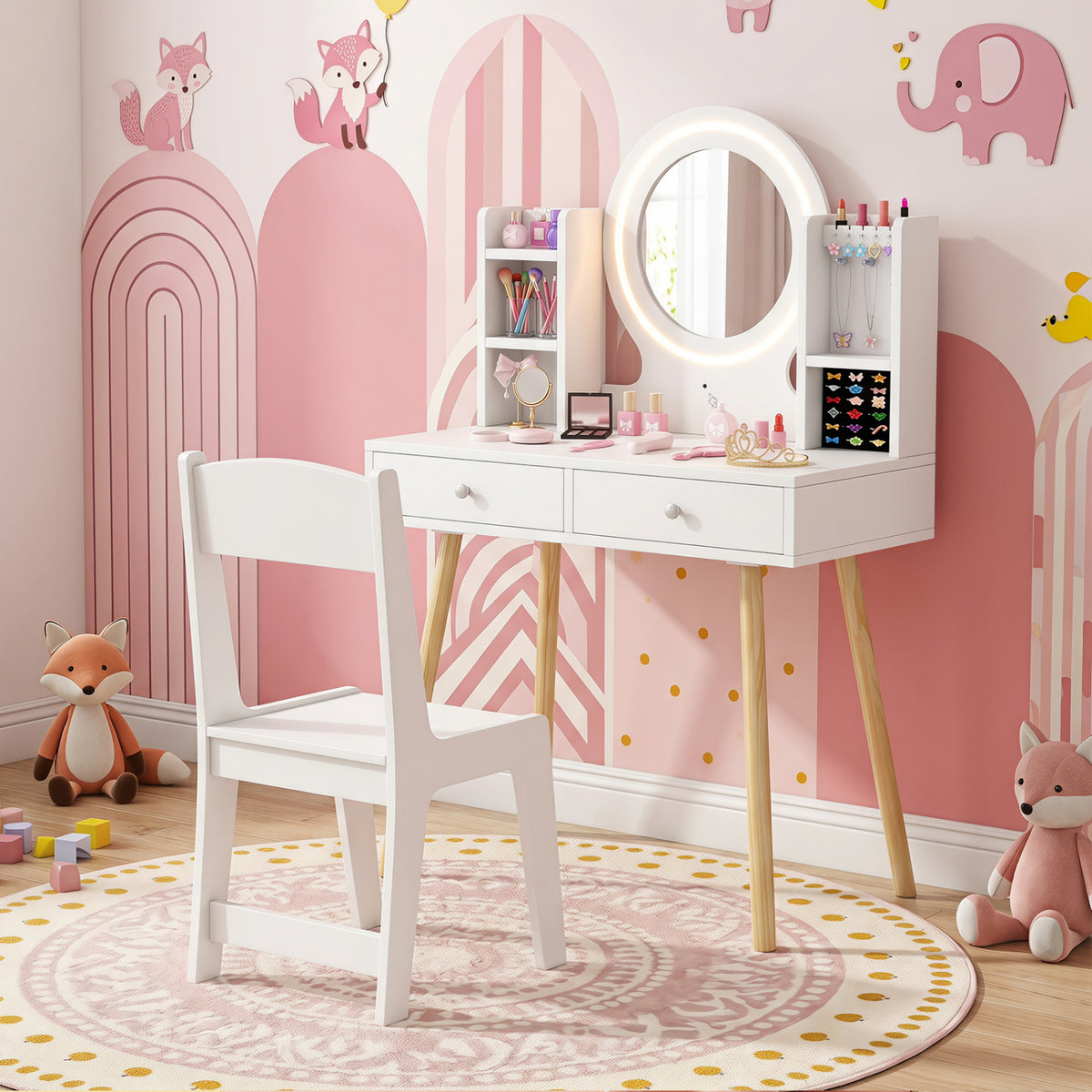Kids Vanity Set with Lighted Mirror and Storage Drawers - White, Costway