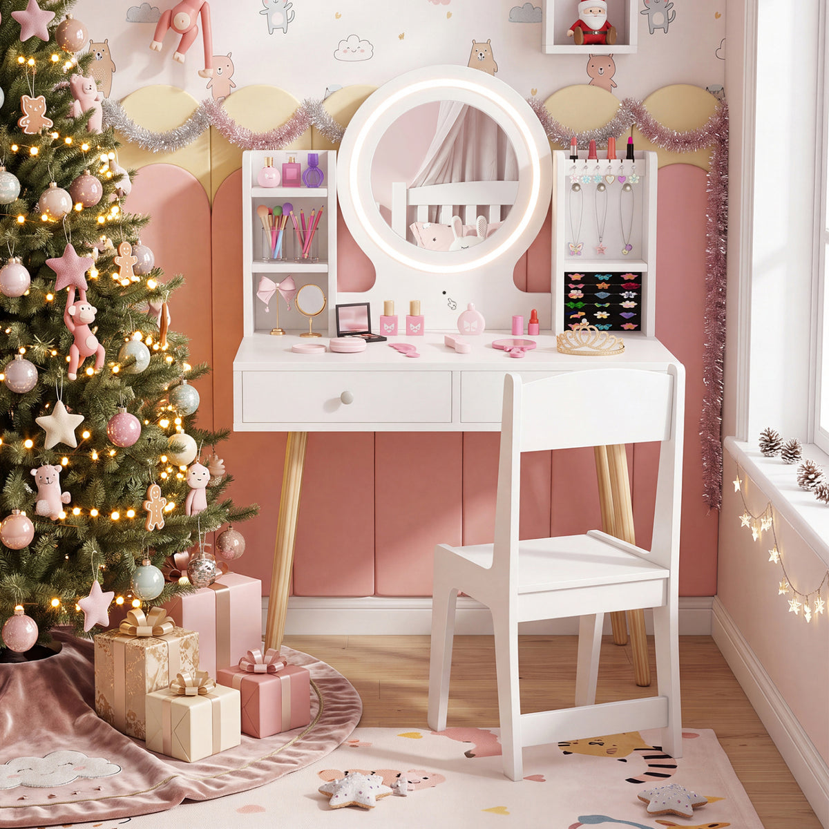 Kids Vanity Set with Lighted Mirror and Storage Drawers - White, Costway