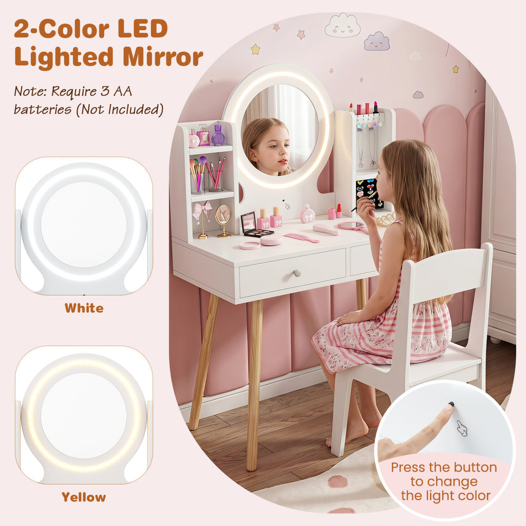 Kids Vanity Set with Lighted Mirror and Storage Drawers - White, Costway