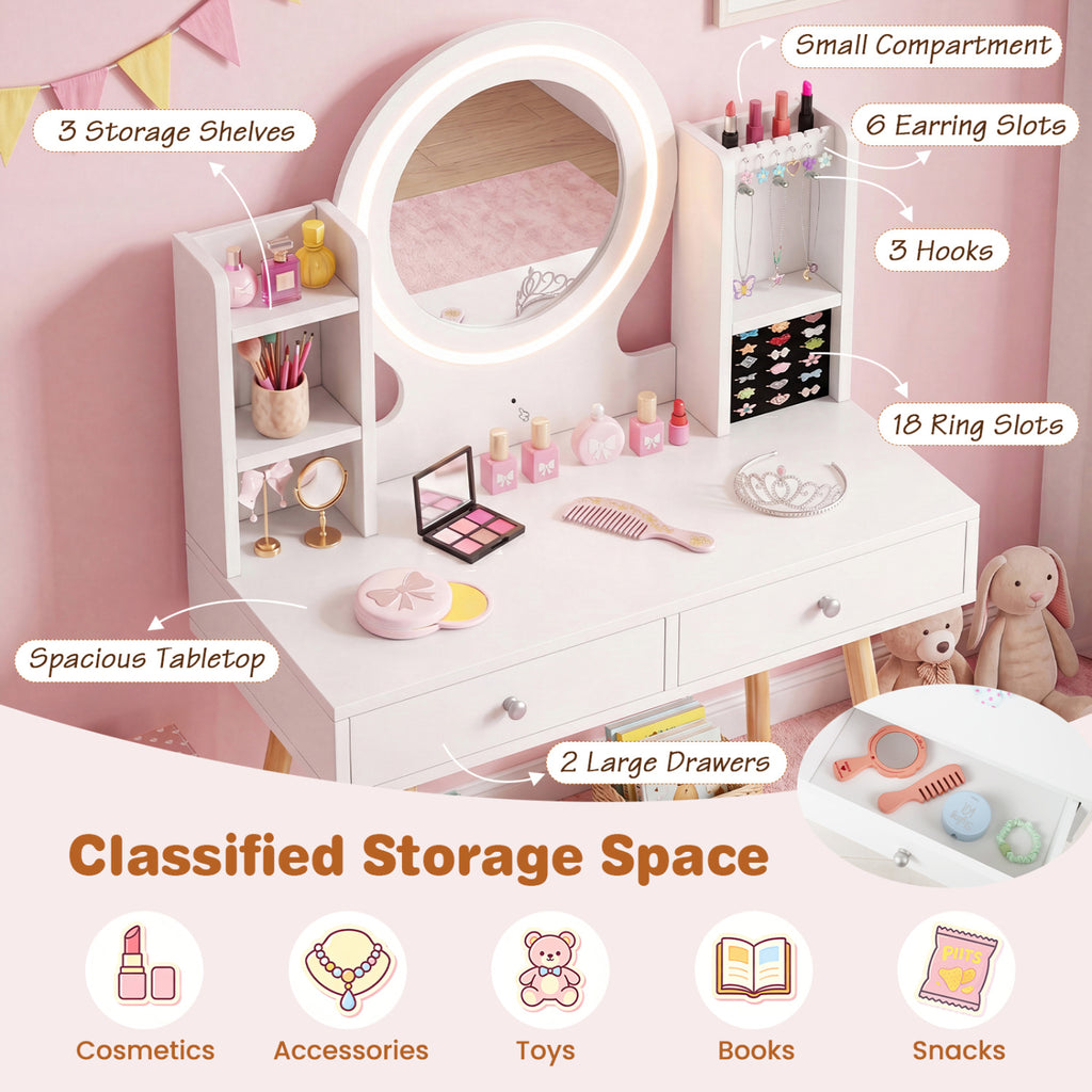Kids Vanity Set with Lighted Mirror and Storage Drawers - White, Costway