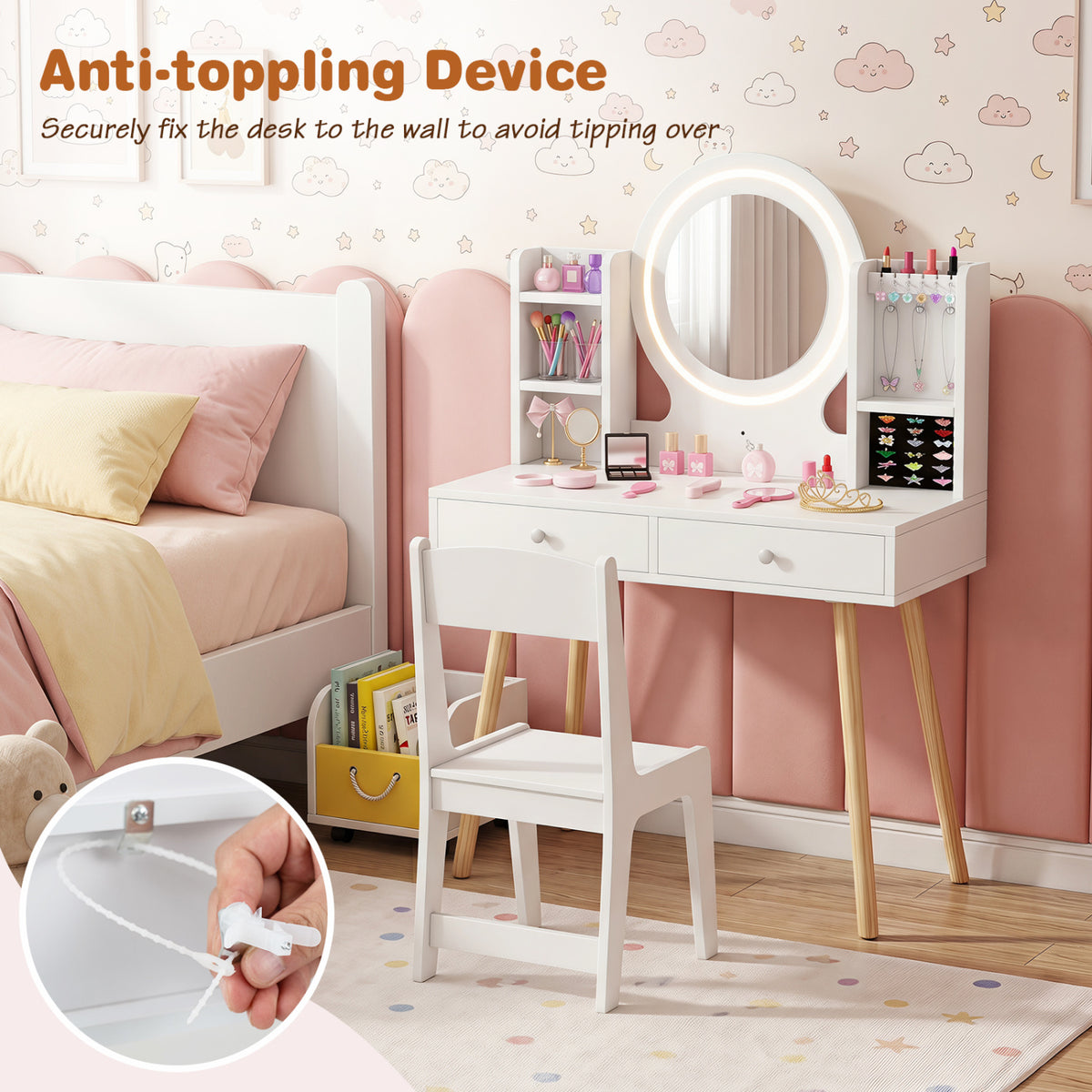 Kids Vanity Set with Lighted Mirror and Storage Drawers - White, Costway