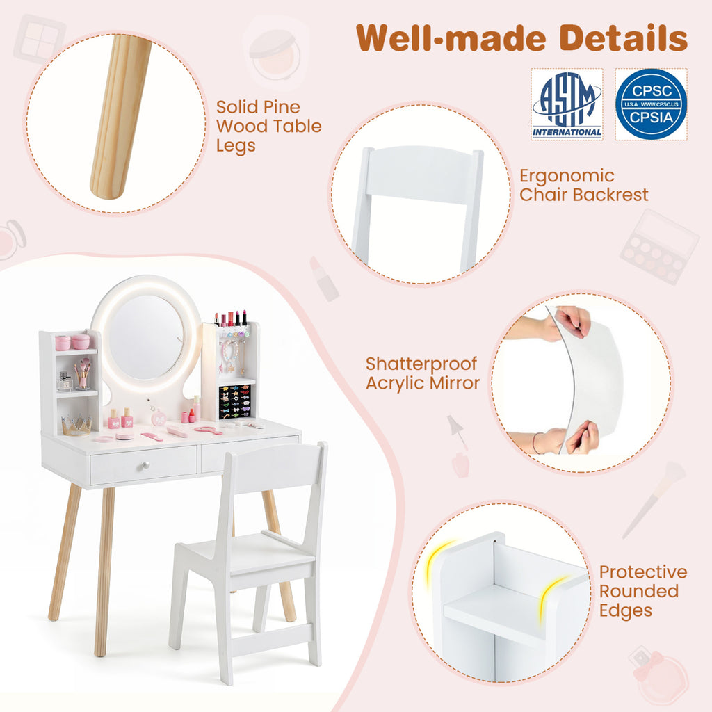 Kids Vanity Set with Lighted Mirror and Storage Drawers - White, Costway