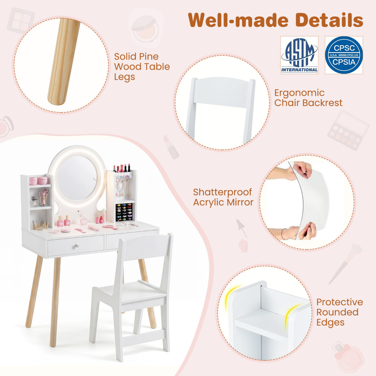 Kids Vanity Set with Lighted Mirror and Storage Drawers - White, Costway