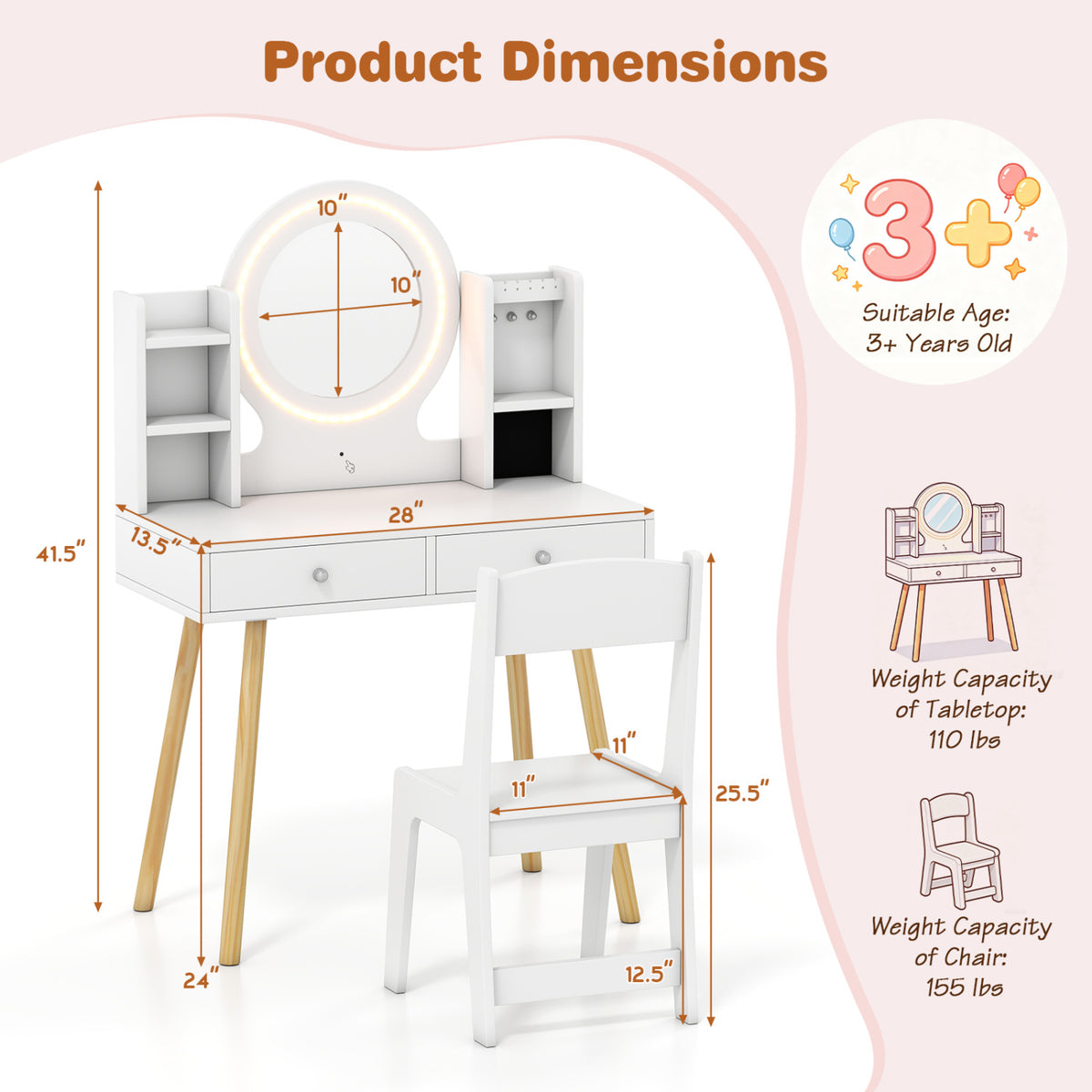 Kids Vanity Set with Lighted Mirror and Storage Drawers - White, Costway
