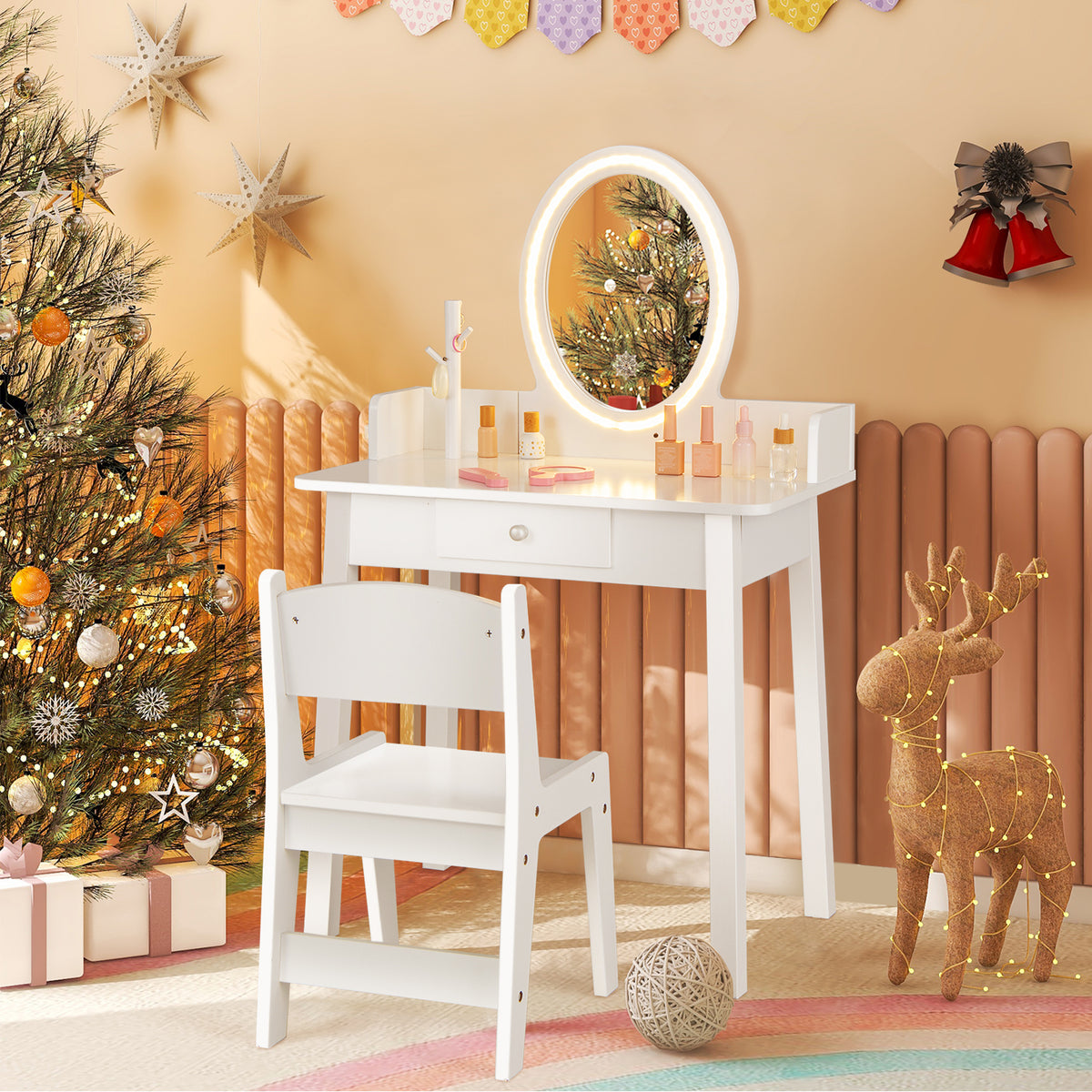 Kids Vanity Set with Lighted Mirror - White Kids Makeup Desk & Storage