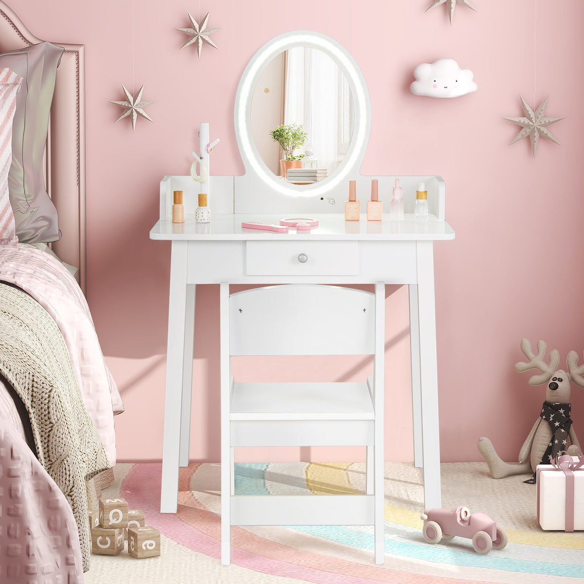 Kids Vanity Set with Lighted Mirror - White Kids Makeup Desk & Storage