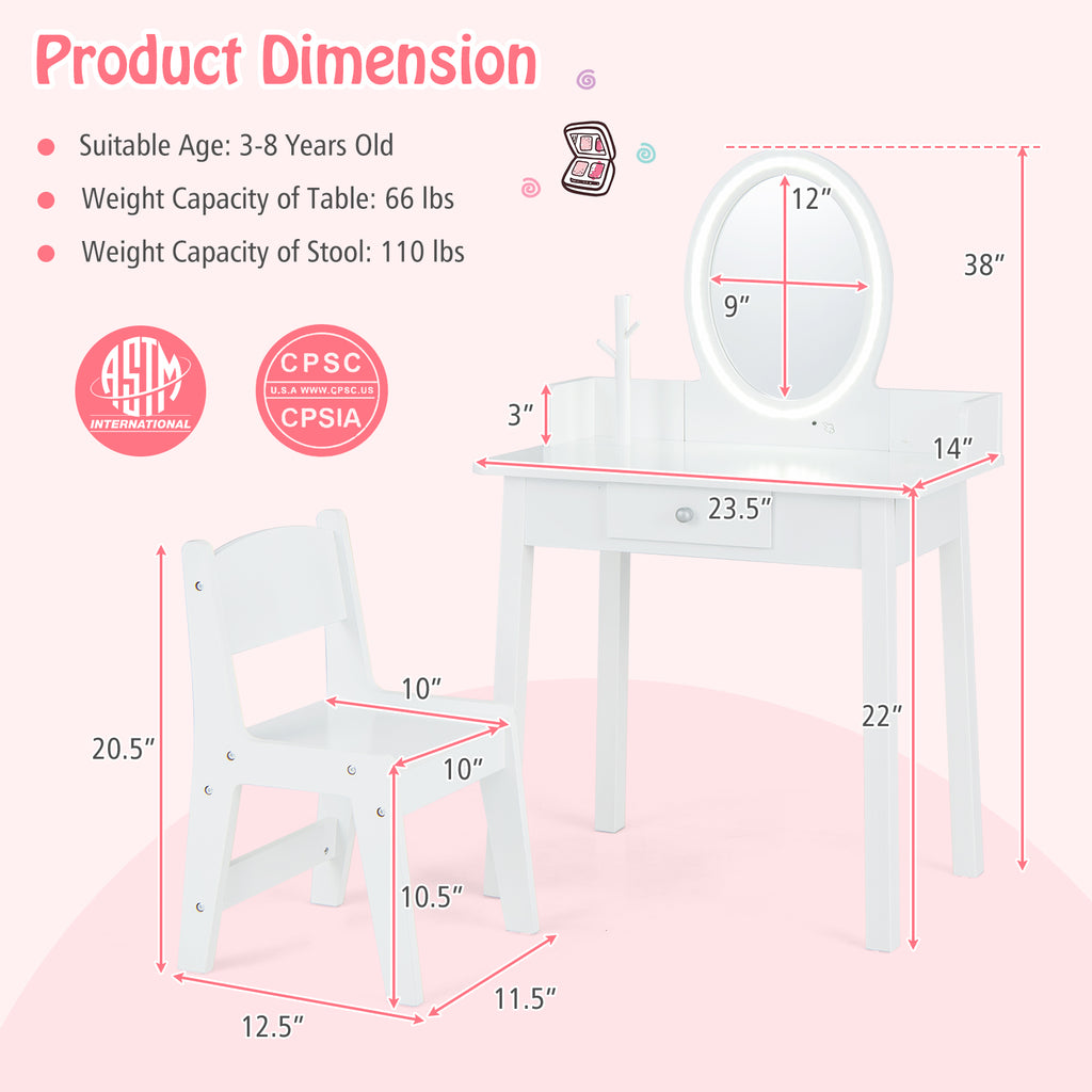 Kids Vanity Set with Lighted Mirror - White Kids Makeup Desk & Storage