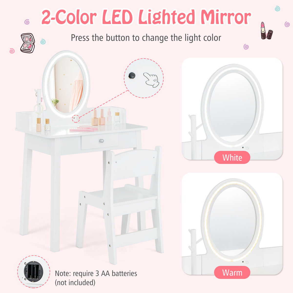 Kids Vanity Set with Lighted Mirror - White Kids Makeup Desk & Storage
