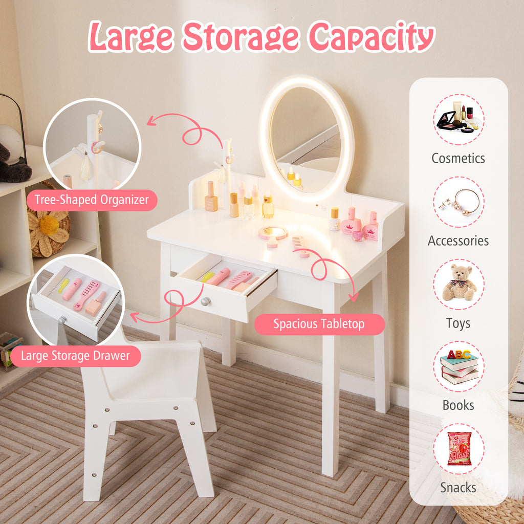 Kids Vanity Set with Lighted Mirror - White Kids Makeup Desk & Storage