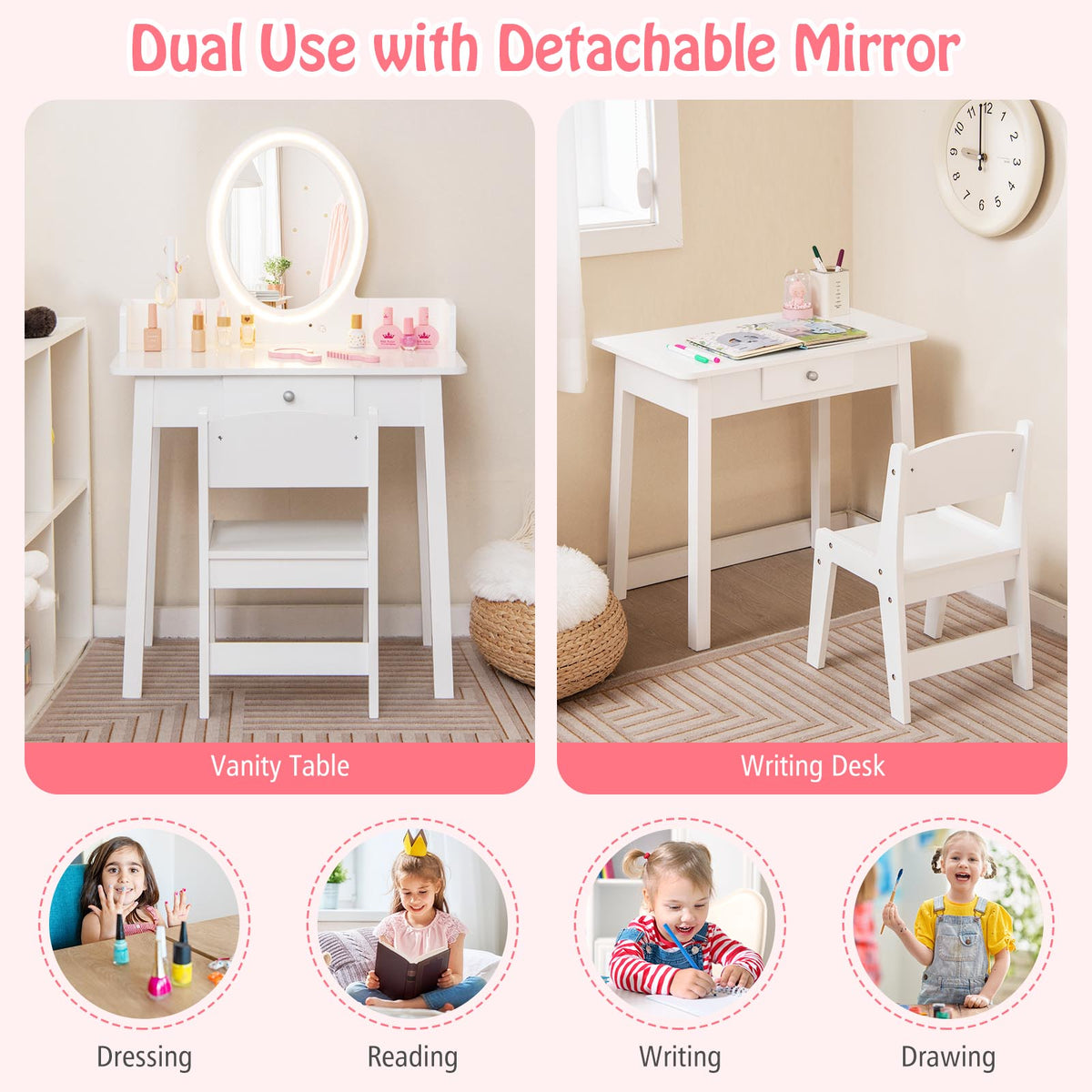 Kids Vanity Set with Lighted Mirror - White Kids Makeup Desk & Storage