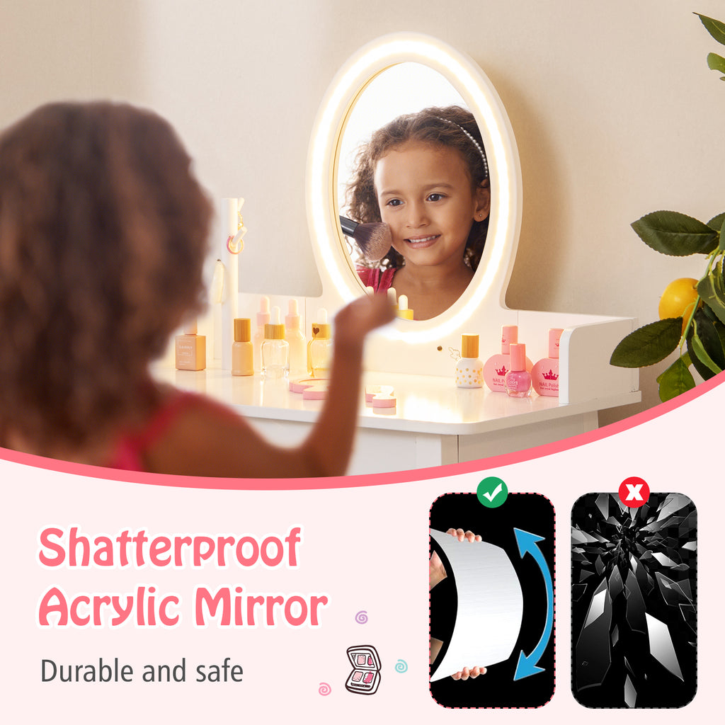 Kids Vanity Set with Lighted Mirror - White Kids Makeup Desk & Storage