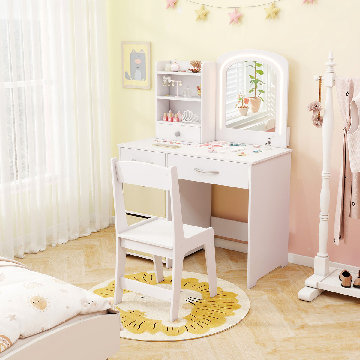 Kids Vanity Set with Lighted Mirror & White Square Desk and Chair