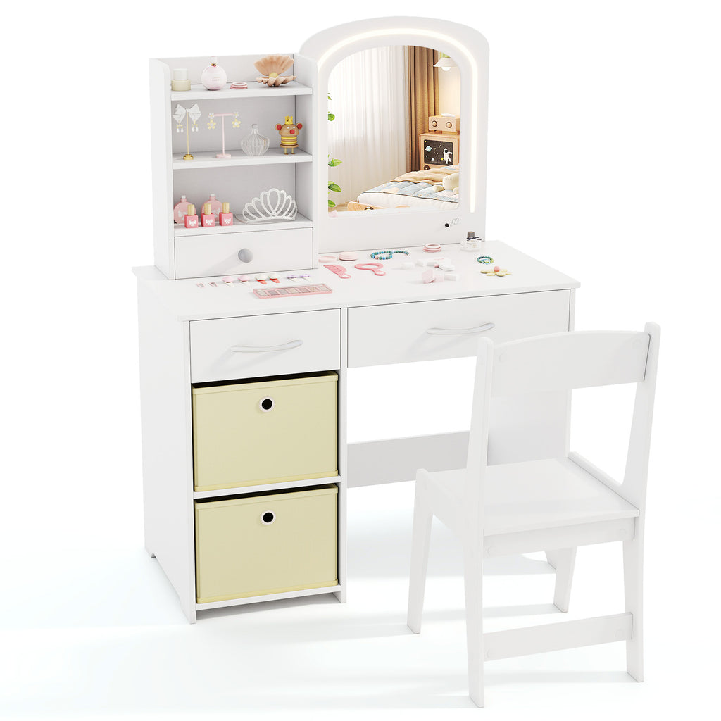 Kids Vanity Set with Lighted Mirror & White Square Desk and Chair