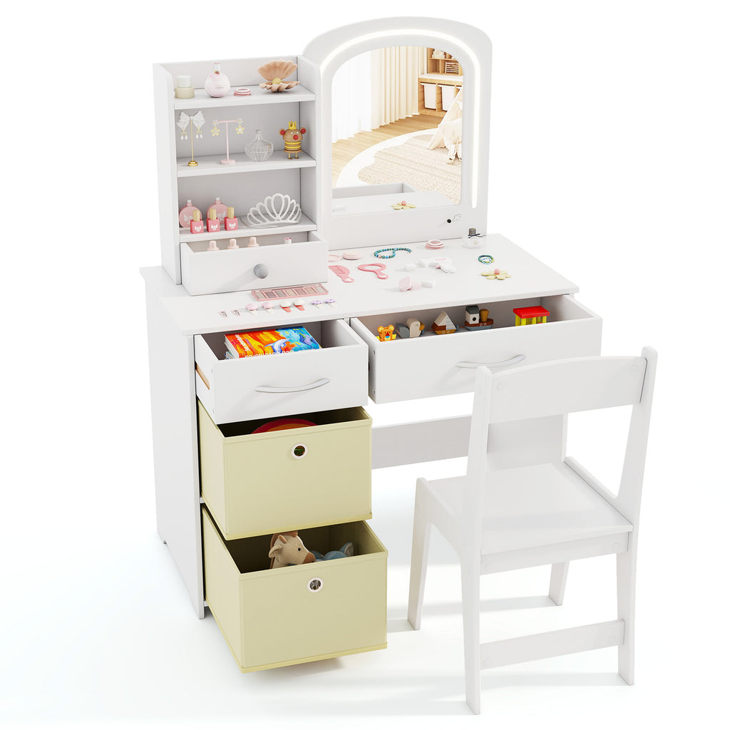 Kids Vanity Set with Lighted Mirror & White Square Desk and Chair
