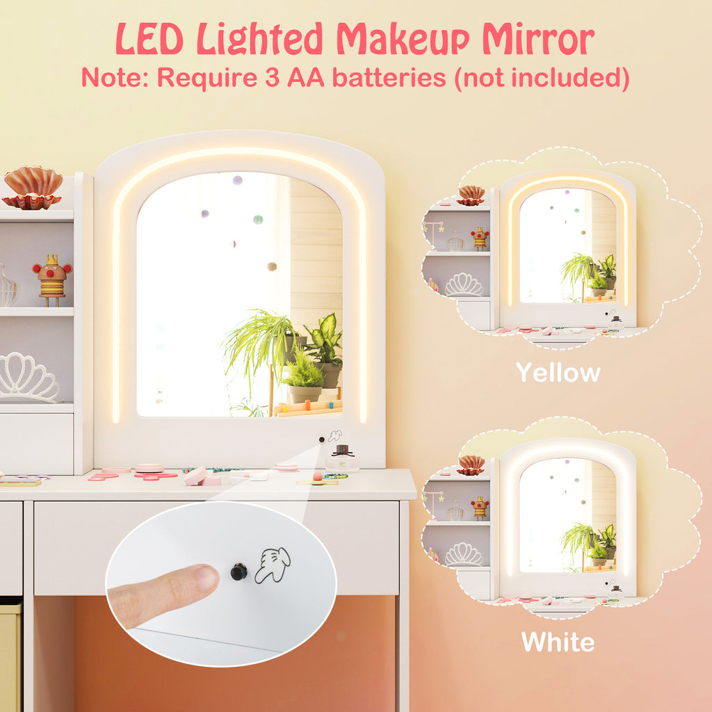 Kids Vanity Set with Lighted Mirror & White Square Desk and Chair
