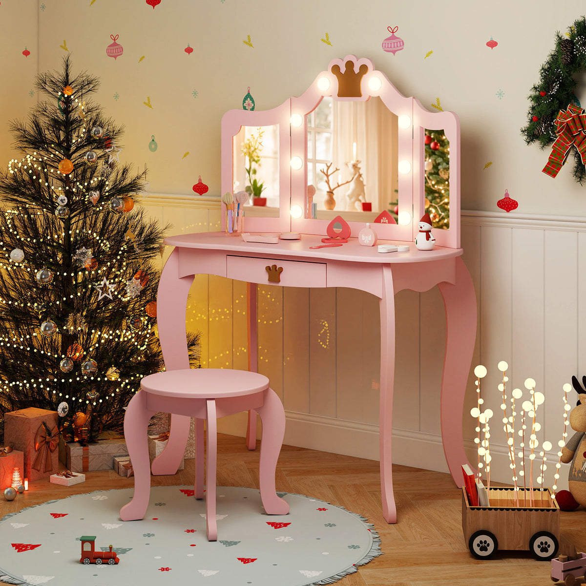 Kids Vanity Set with Tri-Fold Lighted Mirror & Detachable Top - Pink, Safety