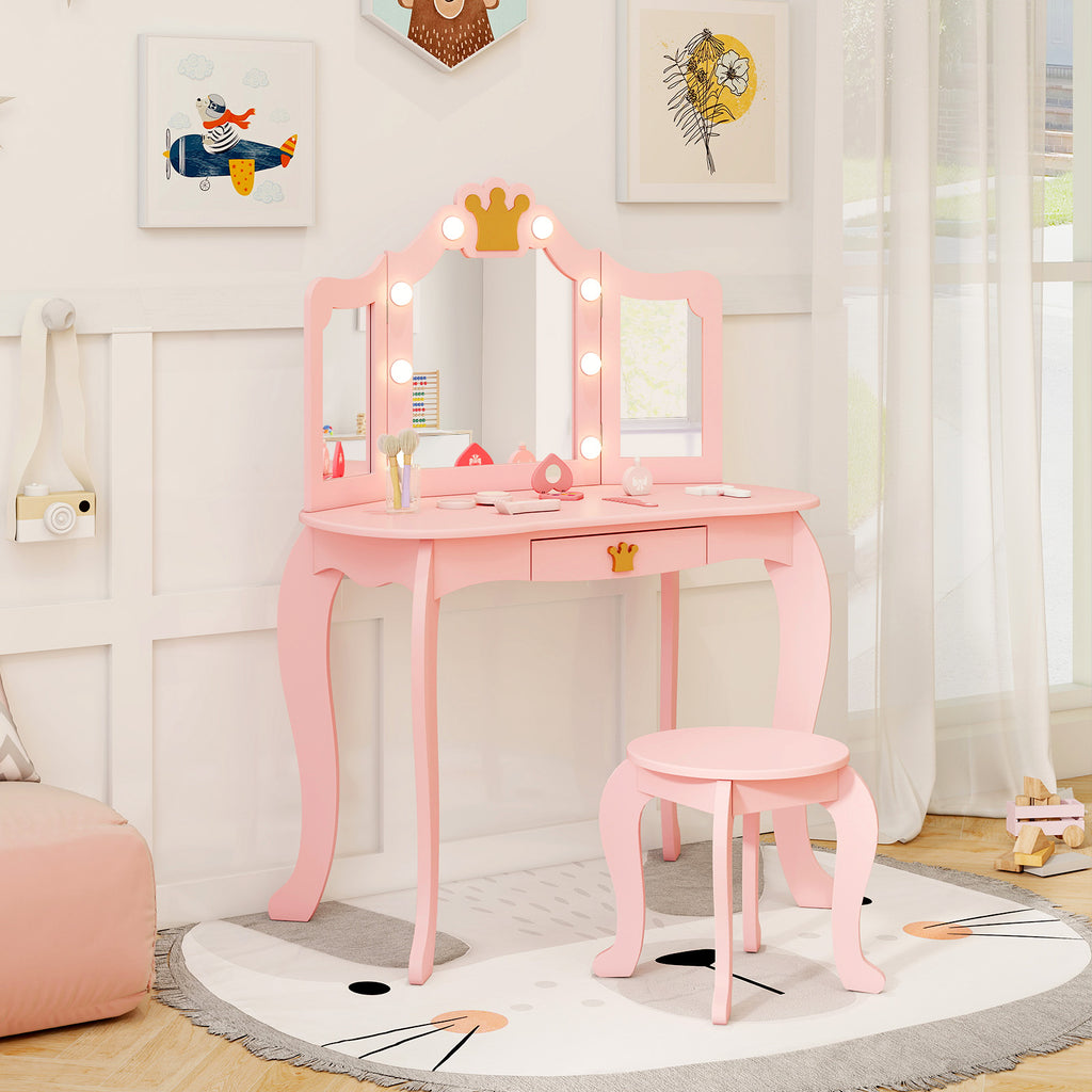 Kids Vanity Set with Tri-Fold Lighted Mirror & Detachable Top - Pink, Safety