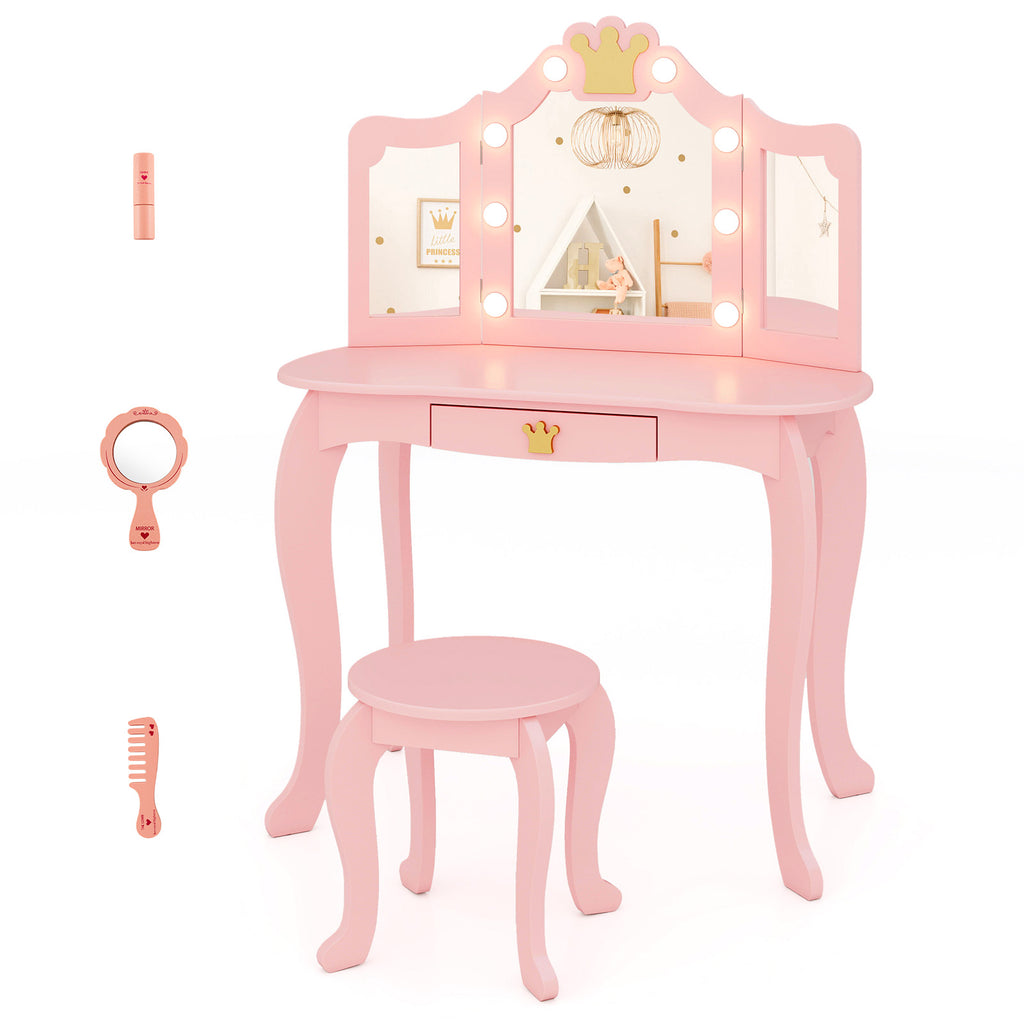 Kids Vanity Set with Tri-Fold Lighted Mirror & Detachable Top - Pink, Safety