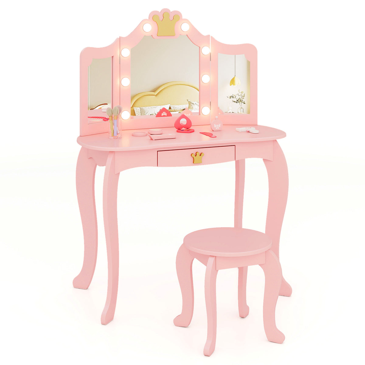 Kids Vanity Set with Tri-Fold Lighted Mirror & Detachable Top - Pink, Safety