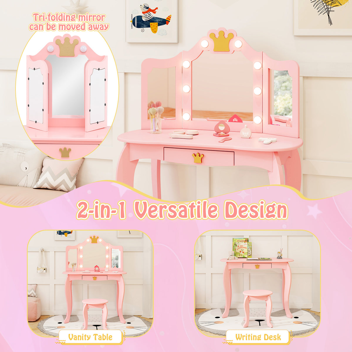 Kids Vanity Set with Tri-Fold Lighted Mirror & Detachable Top - Pink, Safety