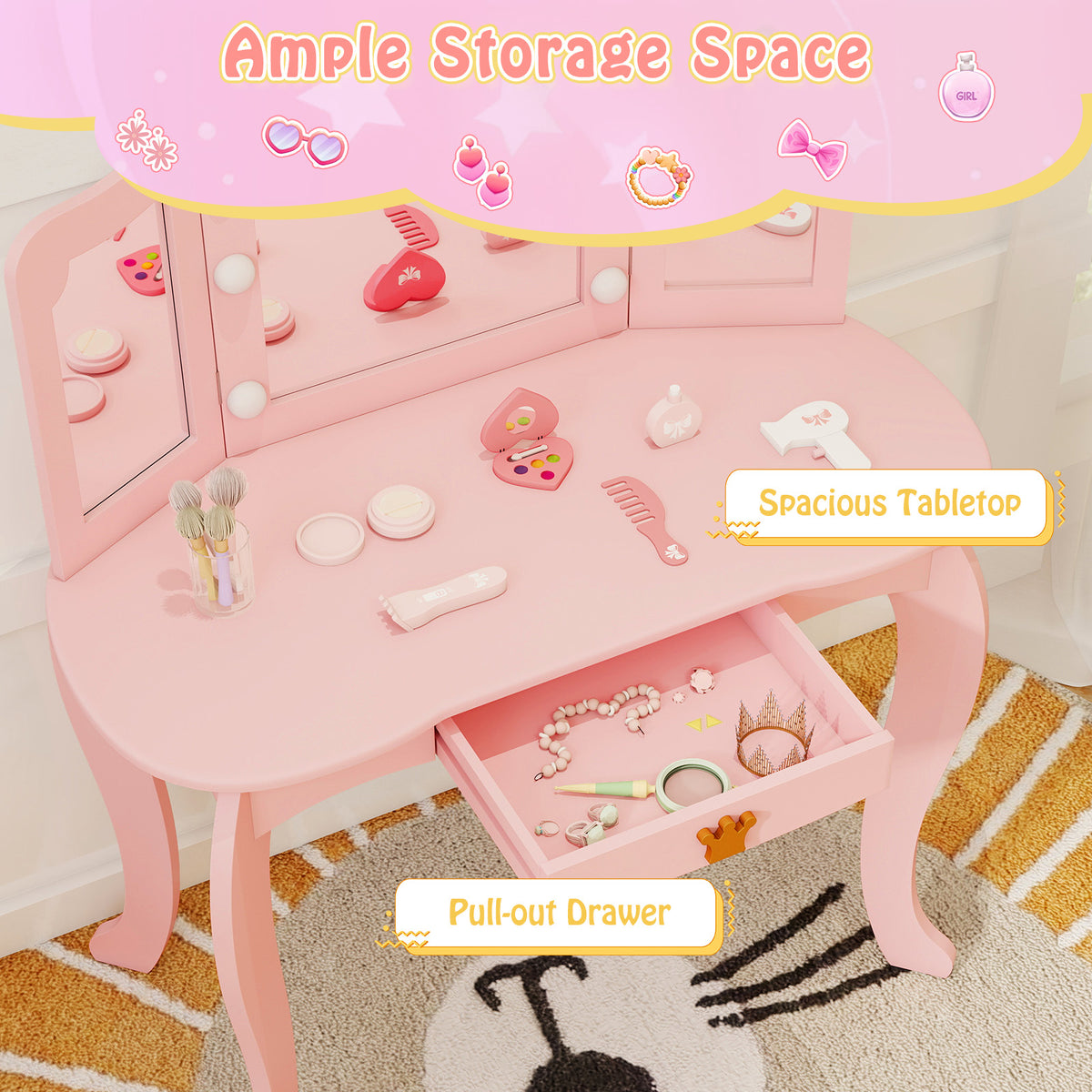 Kids Vanity Set with Tri-Fold Lighted Mirror & Detachable Top - Pink, Safety