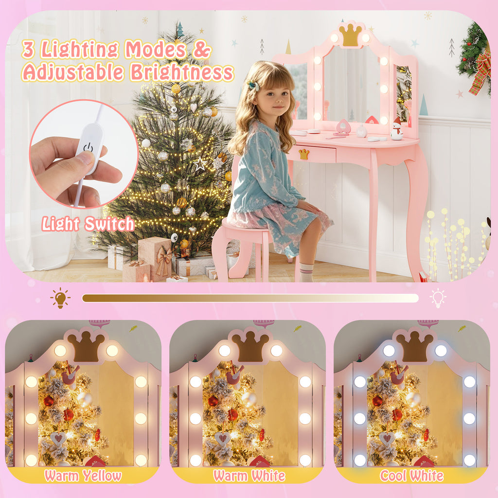 Kids Vanity Set with Tri-Fold Lighted Mirror & Detachable Top - Pink, Safety