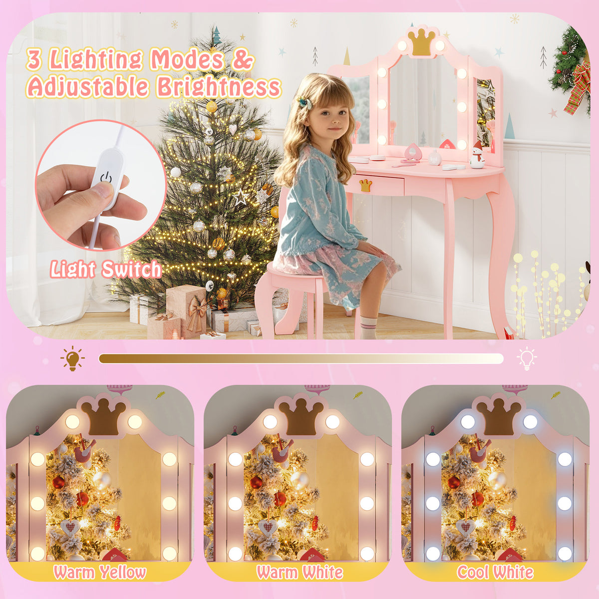 Kids Vanity Set with Tri-Fold Lighted Mirror & Detachable Top - Pink, Safety