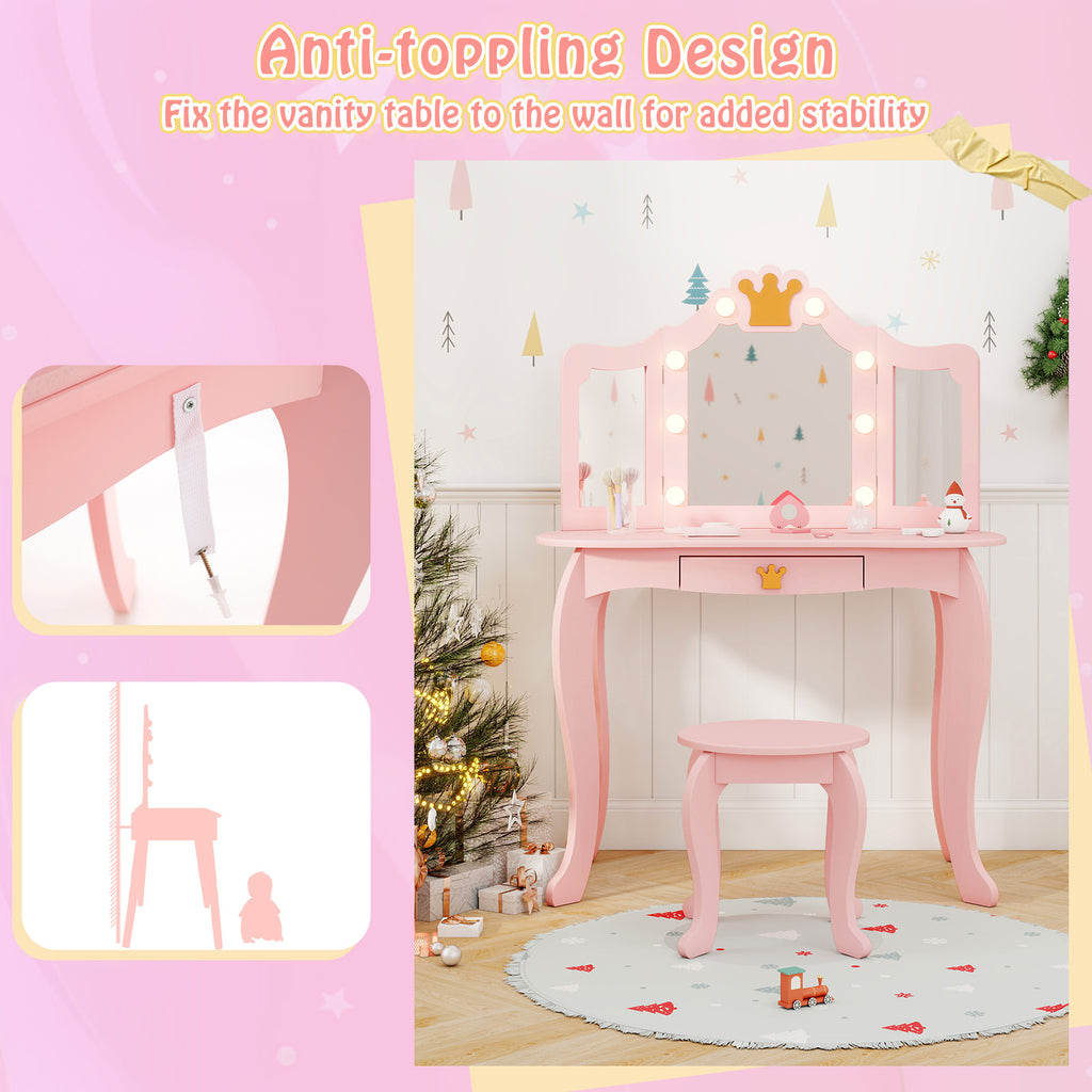 Kids Vanity Set with Tri-Fold Lighted Mirror & Detachable Top - Pink, Safety