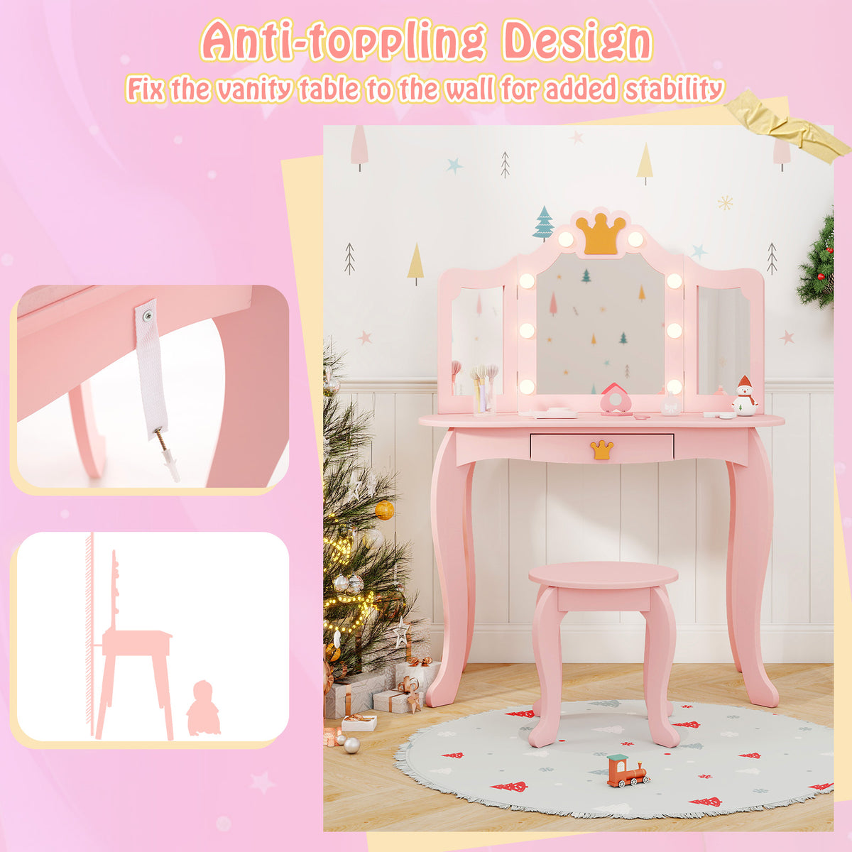 Kids Vanity Set with Tri-Fold Lighted Mirror & Detachable Top - Pink, Safety