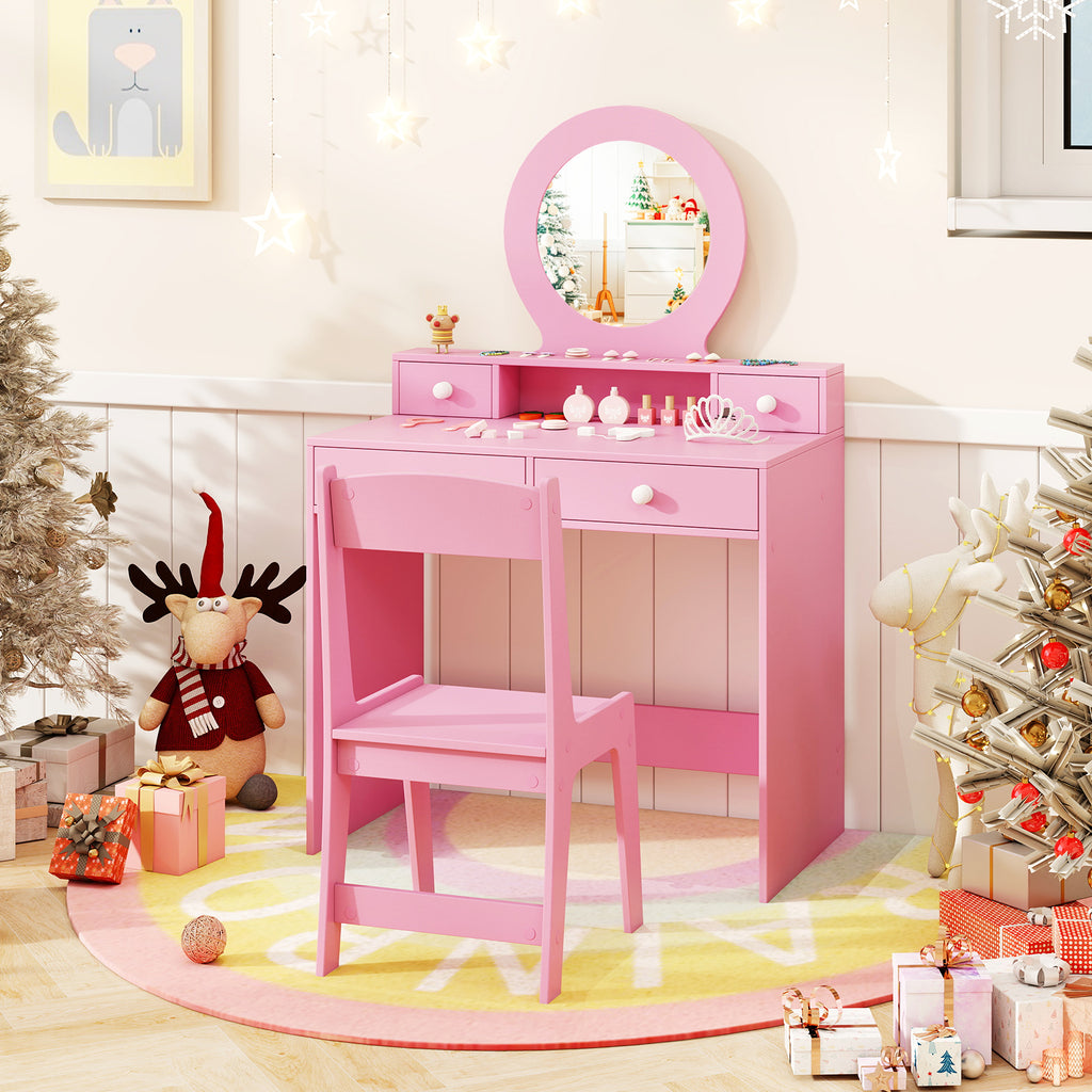 Kids Vanity Set with Mirror and Pink Dressing Desk & Chair - Princess Makeup