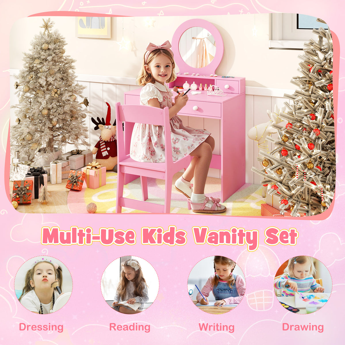 Kids Vanity Set with Mirror and Pink Dressing Desk & Chair - Princess Makeup