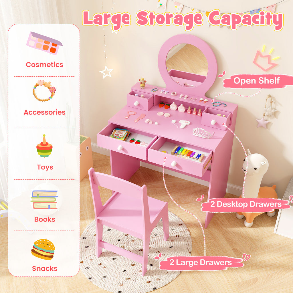 Kids Vanity Set with Mirror and Pink Dressing Desk & Chair - Princess Makeup