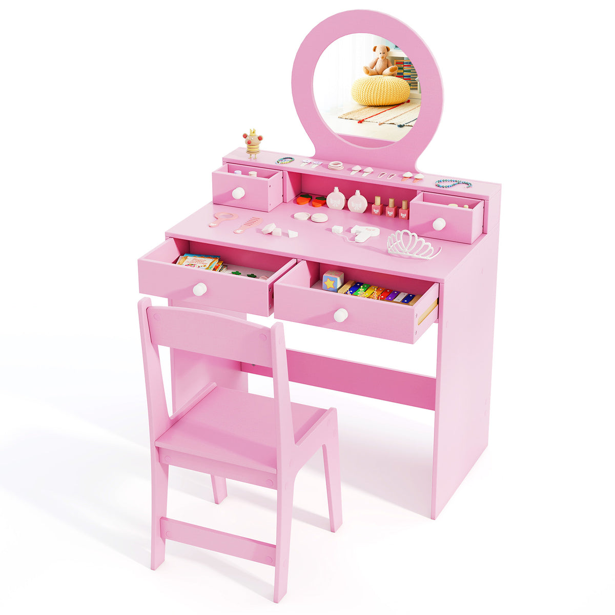 Kids Vanity Set with Mirror and Pink Dressing Desk & Chair - Princess Makeup