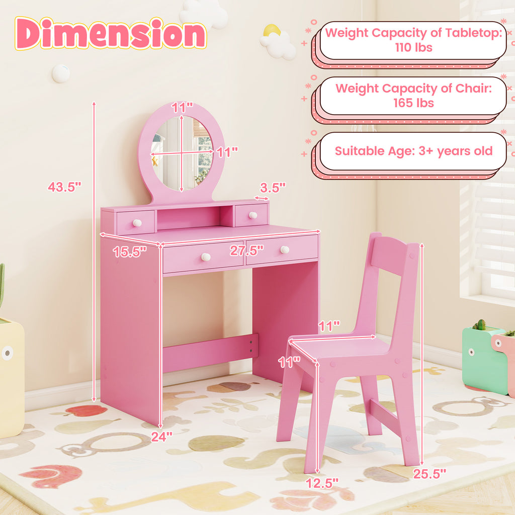 Kids Vanity Set with Mirror and Pink Dressing Desk & Chair - Princess Makeup