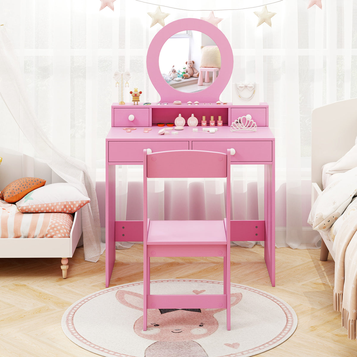 Kids Vanity Set with Mirror and Pink Dressing Desk & Chair - Princess Makeup