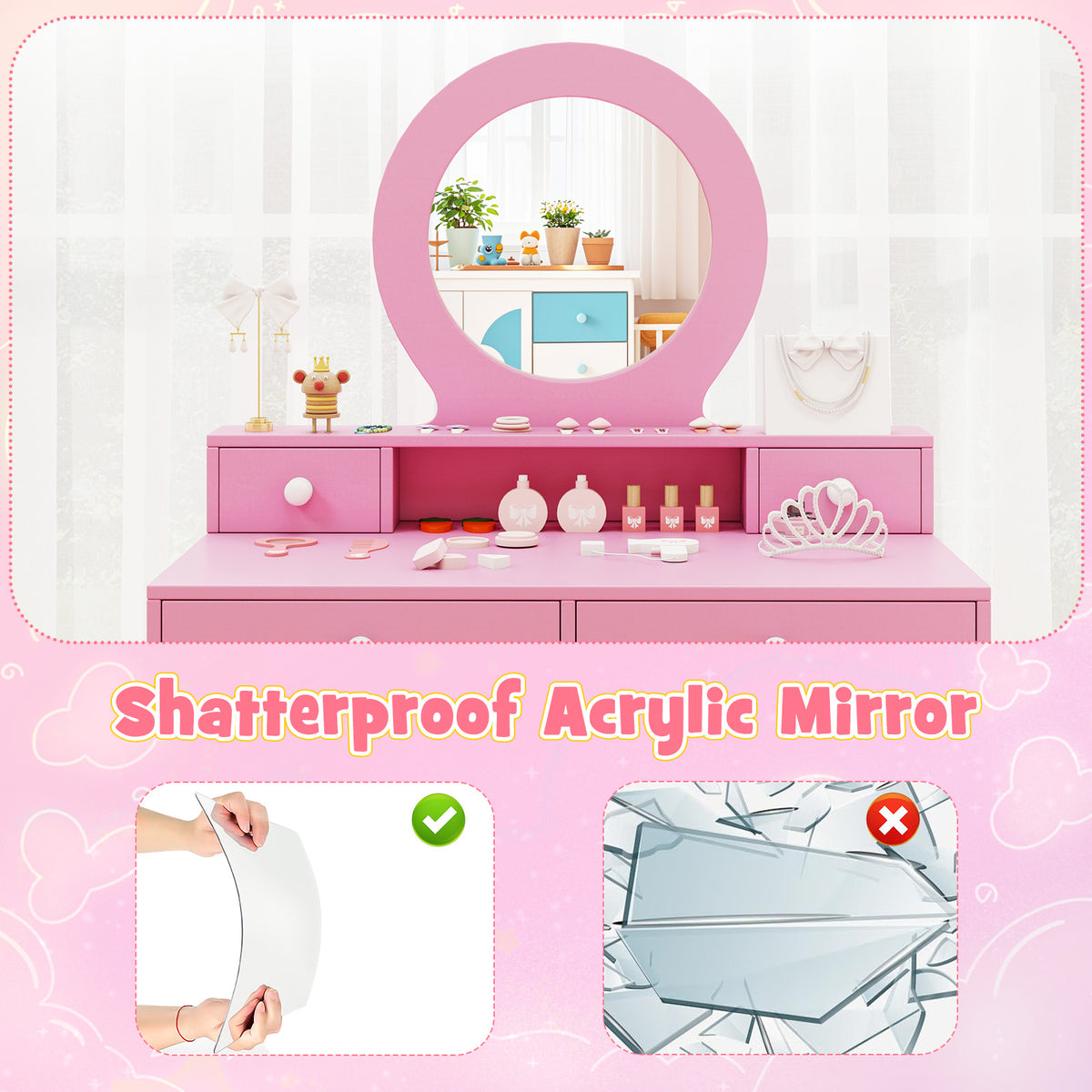 Kids Vanity Set with Mirror and Pink Dressing Desk & Chair - Princess Makeup