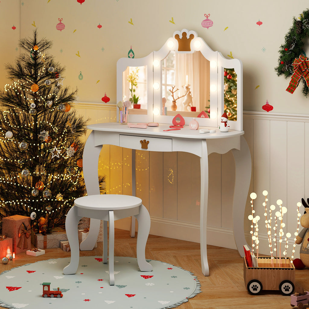 Kids Vanity Set with Tri-Fold Lighted Mirror & Detachable Top - White, Three-Sided Mirror