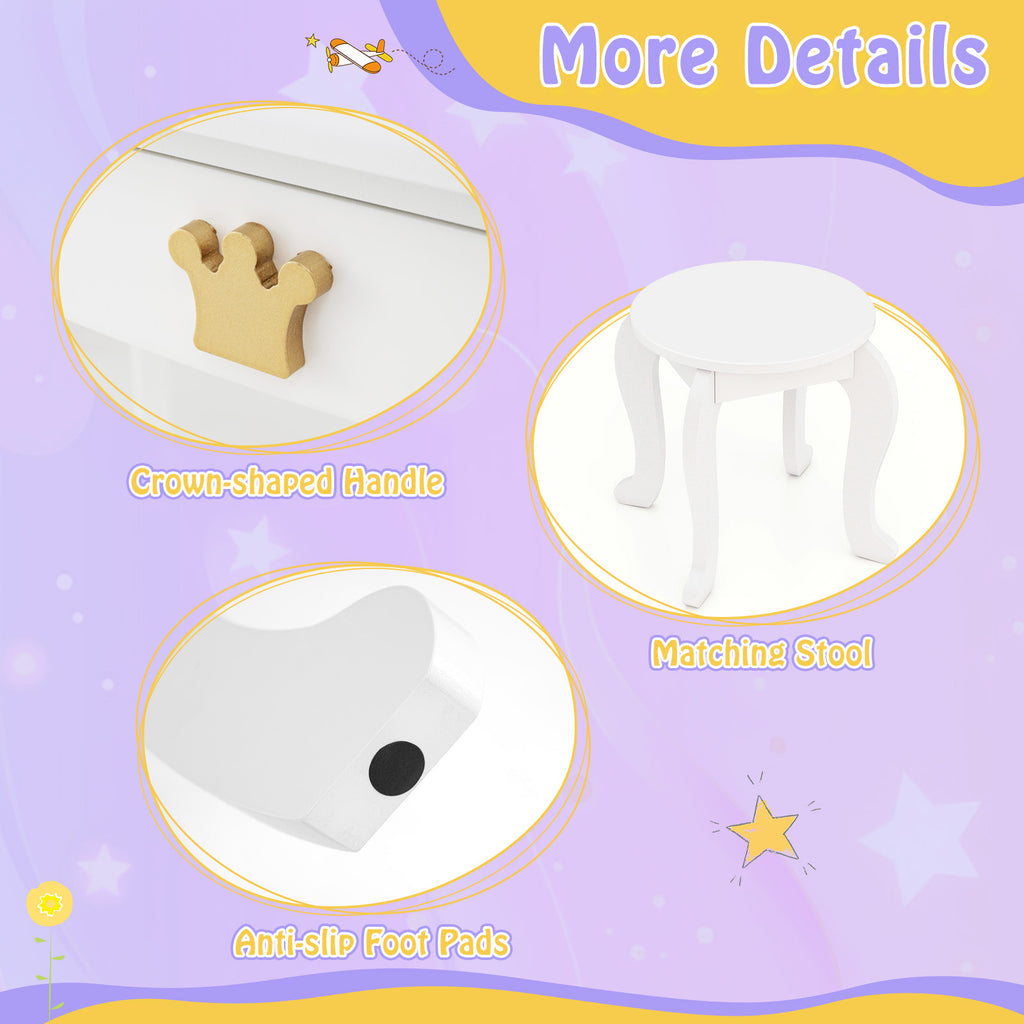 Kids Vanity Set with Tri-Fold Lighted Mirror & Detachable Top - White, Three-Sided Mirror